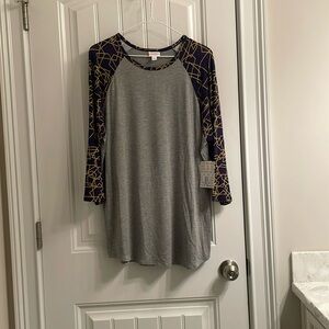 LuLaRoe “Randy” Heather Gray with Navy Blue/Gold Geometric Accents XL